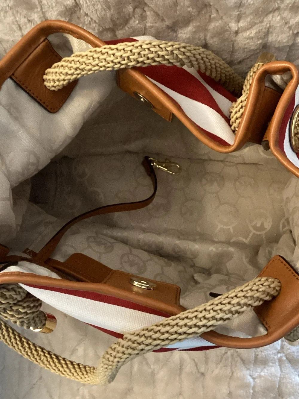Michael Kors Red and White Striped Rope-Handle Tote
